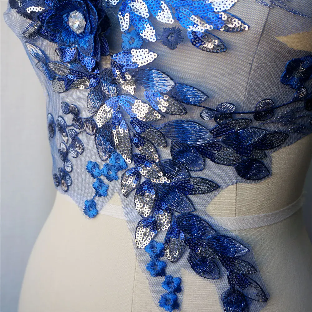 Цветочная кружевная ткань Королевского синего цвета с 3D цветами вышитые