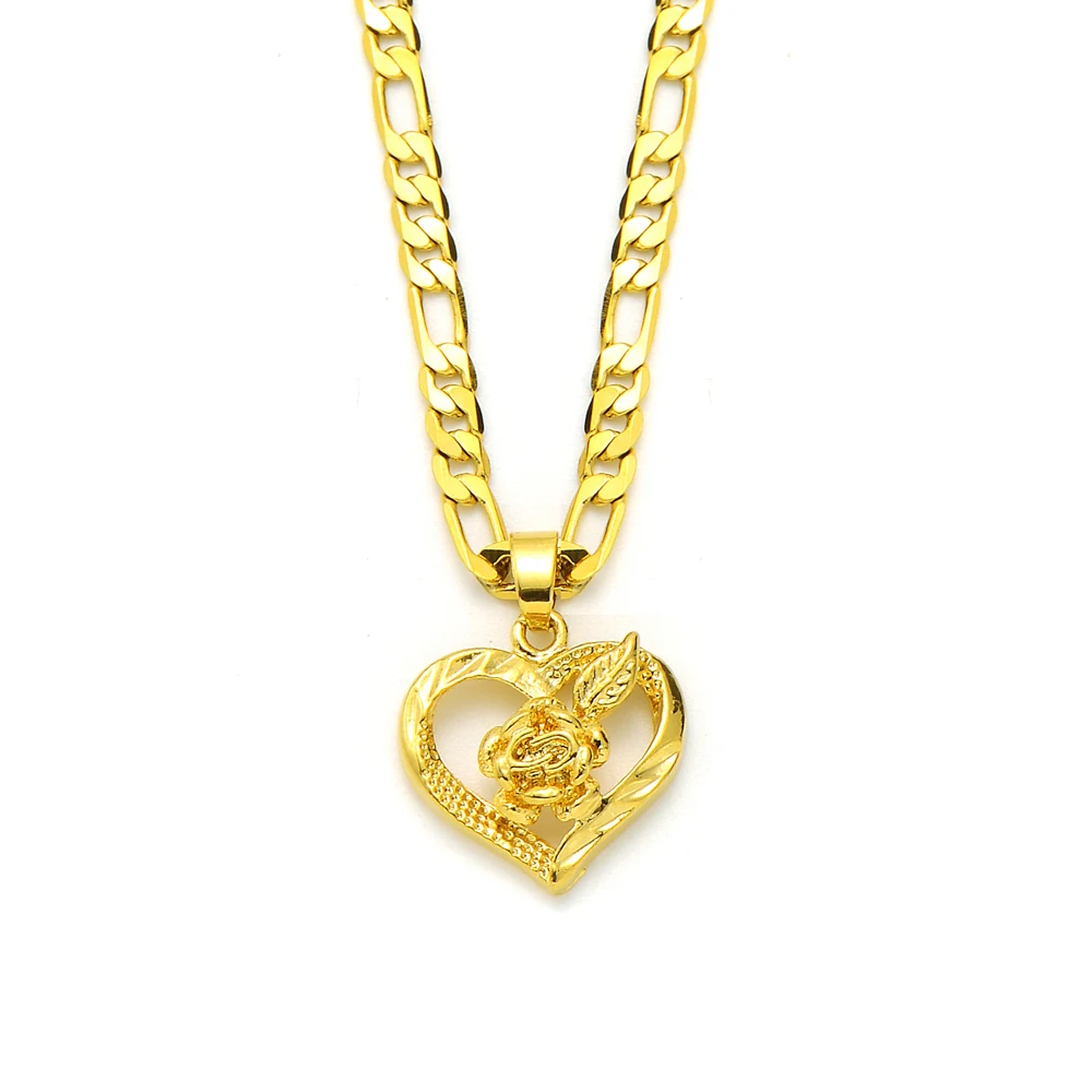 

Flower Heart Pendant 14k Solid Yellow Gold GF Italian Figaro Link Chain Necklace 24" 3 mm Womens