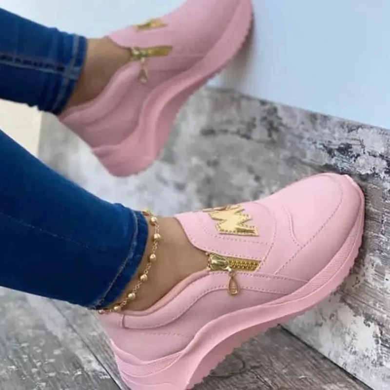 

New Women Vulcanize Shoes Casual Solid Thick Bottom Lace Up Female Sneakers Comfortable Zipper Shallow Lady Wedges Shoes