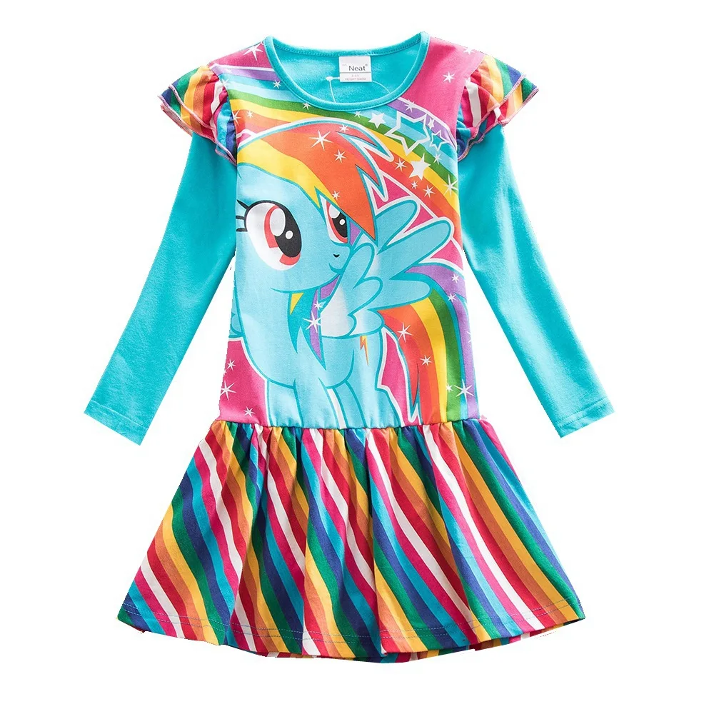 LH6010-SkyBlue-2 JUXINSU My Baby Girls Little Pony Cartoon Girl Rainbow Long Sleeve Dresses Pony Casual Dress Autumn Winter Home Wear 1-8 Years - Цвет: LH6010-SkyBlue-2