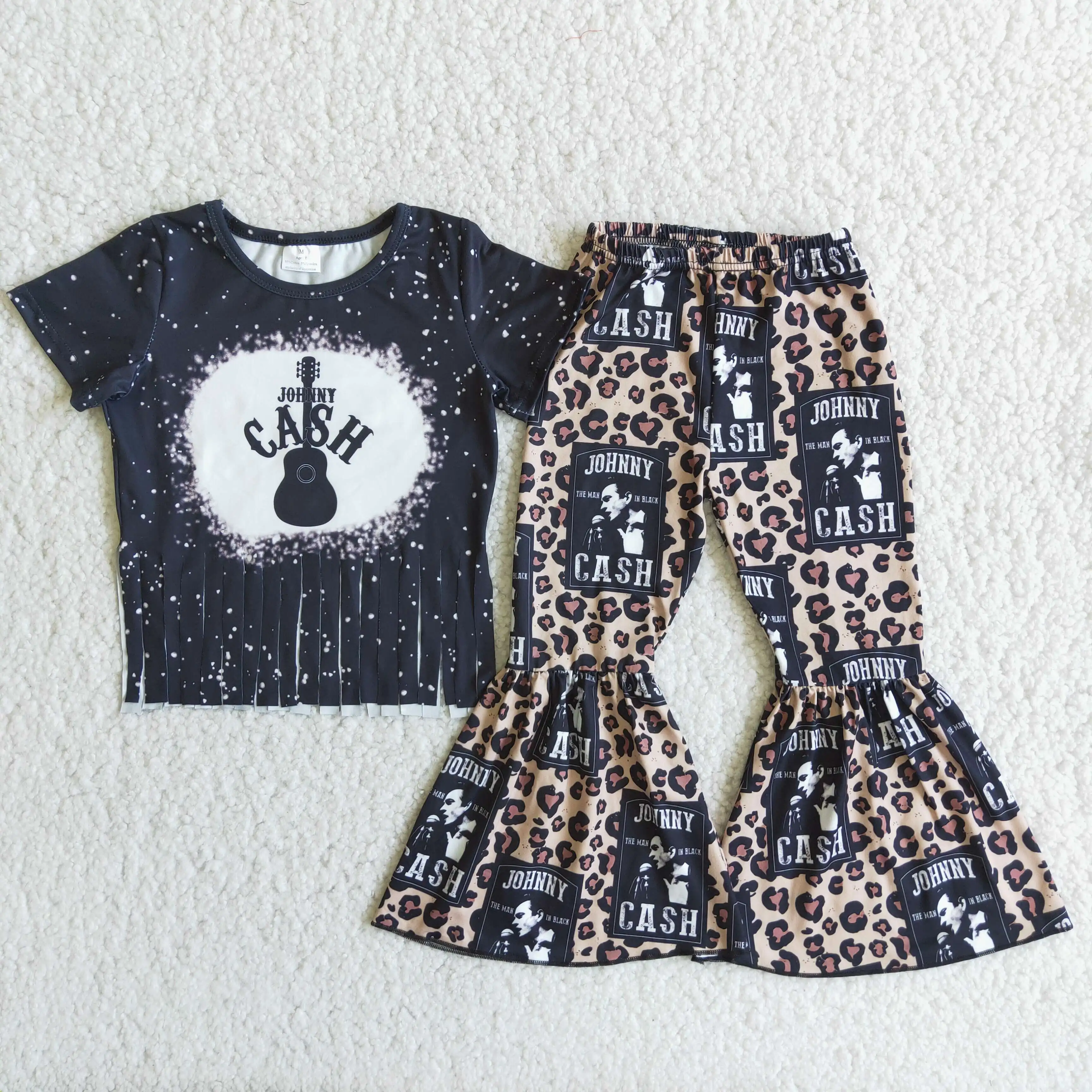 

Black Tie-dye T-shirt Guitar Print Tassel And Leopard-print Flared Trousers