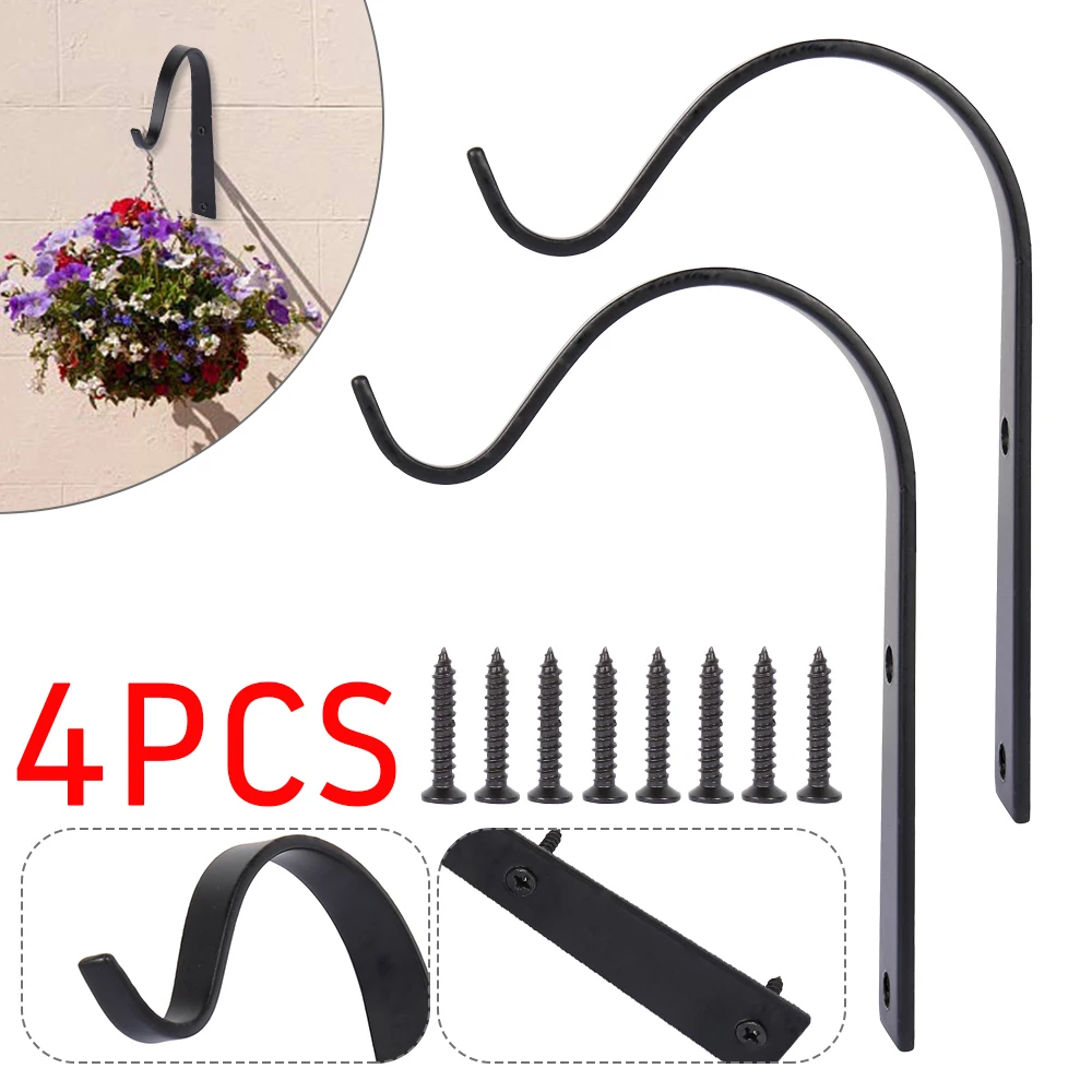 

4pcs Black Iron Wall Light Hook Bracket Wind Chimes Garden Hanging Basket Hanging Plants Bracket Wall Hanging Flower Pot Bracket