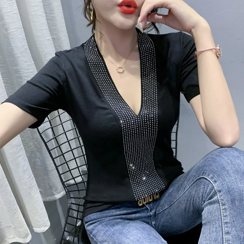

Short Sleeve T-Shirt New 2021 Summer Fashion Casual V-Neck Mesh Tops Elegant Slim Diamonds Women's Shirt Plus Size Blusas