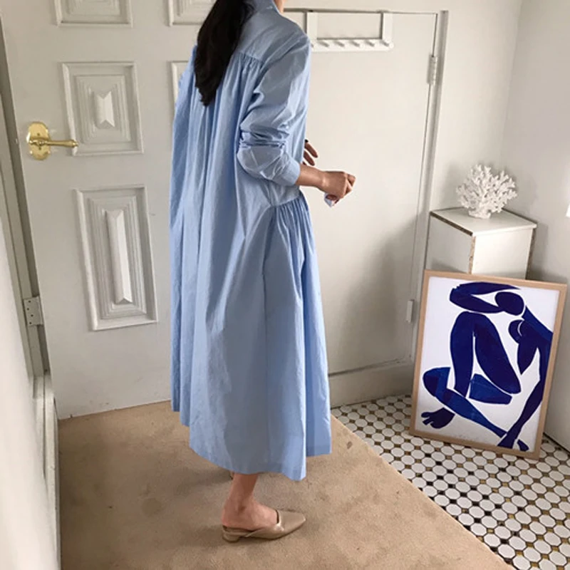 Mozuleva Simple Casual Stand Collar Single-breasted Women White Shirt Dress Full Sleeve Loose Solid Mid-length Female 2019 | Женская