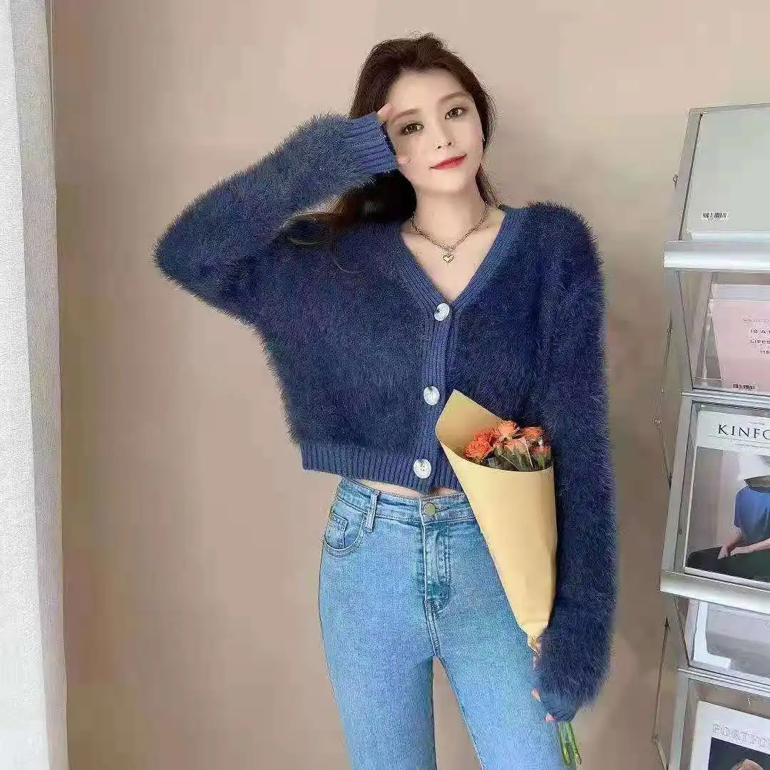 

Celebrity vibe style short coat women 2021 autumn winter new knitted mink like sweet cardigan women coat