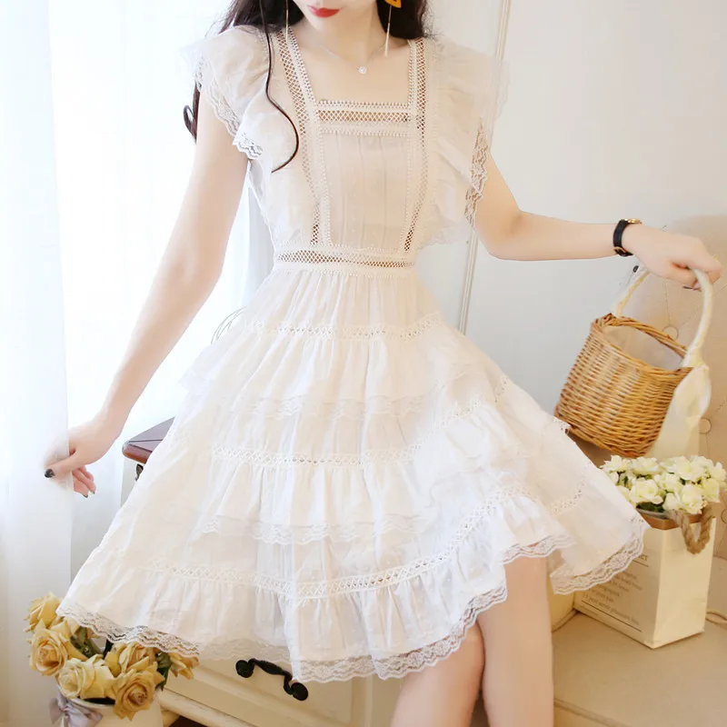 Милое ажурное кружевное шифоновое платье 2019 Лето Для женщин без рукавов с