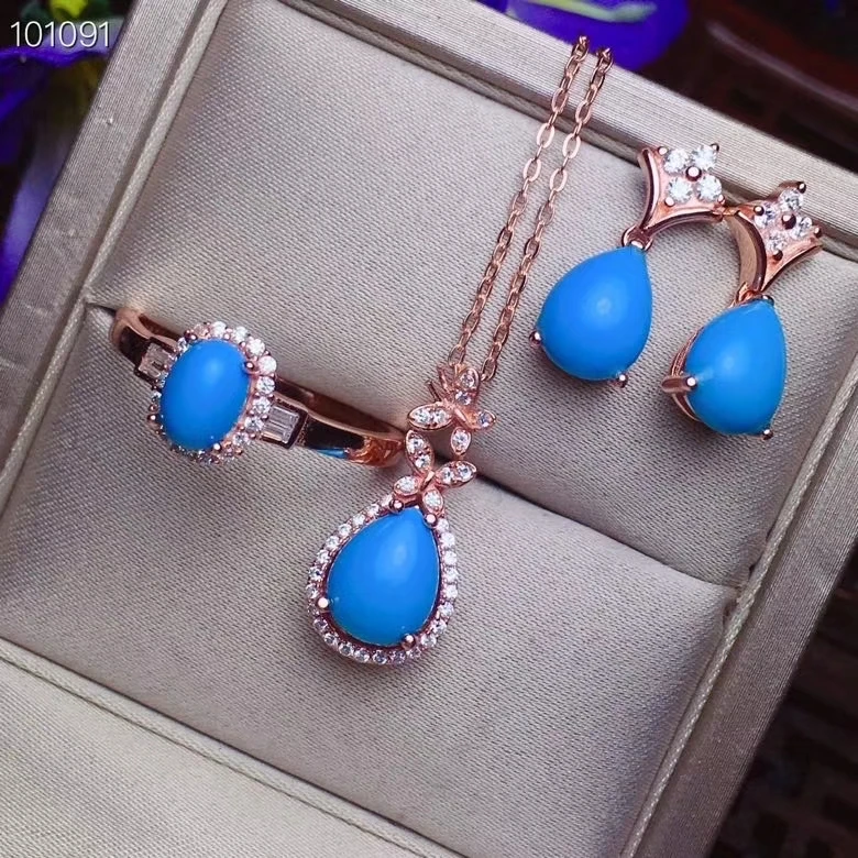 

KJJEAXCMY fine jewelry natural Turquoise 925 sterling silver women pendant necklace chain earrings ring set support test luxury