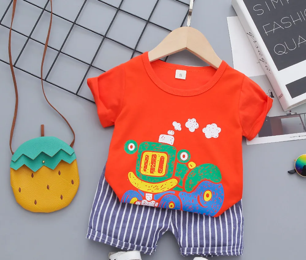 

Boys Summer Clothes Fashion T-shirt+stripe Shorts 2pcs Kids Boys Tracksuit For Baby Outfits Kids Boys Cartoon Clothing Set