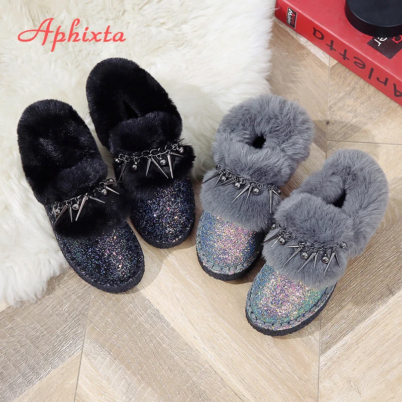 Сапоги aphixta; женские зимние ботильоны на плоской подошве; теплая женская обувь на платформе; женские меховые сапоги с круглым носком и металлической бахромой; Botas Mujer