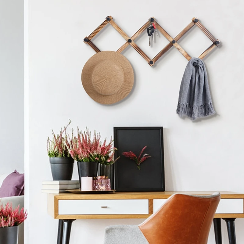 

Vintage Wood Expandable Wall Hanger Wooden Folding Coat Rack for Hats Scarves Key Towels Leash Jewelry Storage Decor