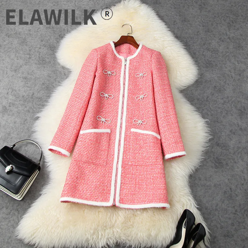 

Chic Women autumn Pink color O-neck tweed overcoat High quality elegant lady's coat B089