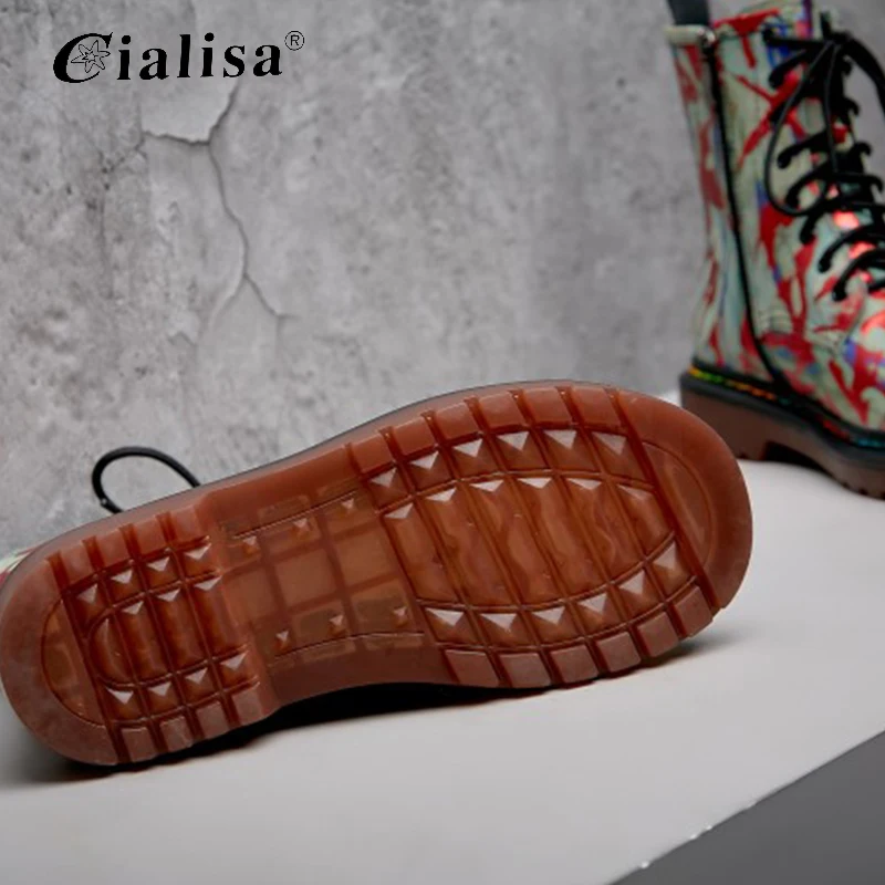 

CIALISA Women Shoes Fashion Lace Up Chunky Heels Motorcycle Boot Genuine Leather Winter Round Toe High Heel Women Ankle Boots