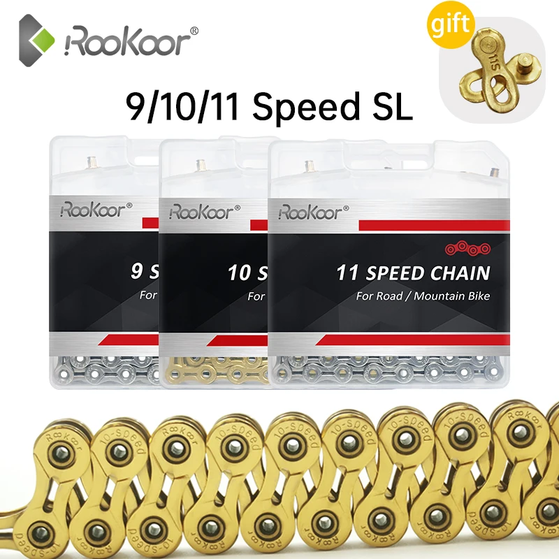 Велосипедная цепь Rookoor 9/10/11 скоростей титановое покрытие золотистая/Серебристая