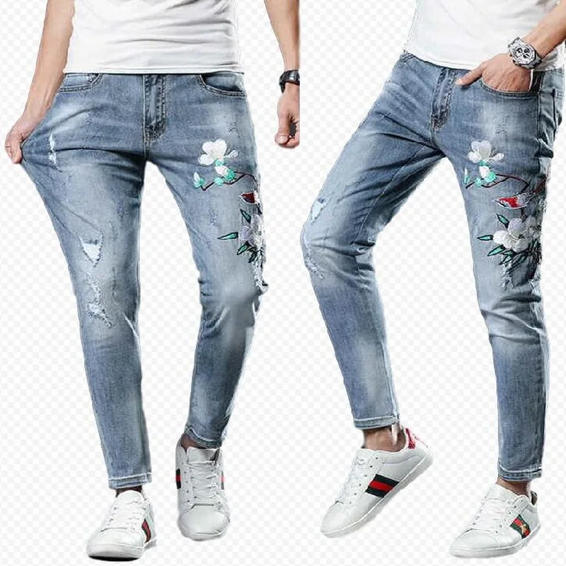 2021 Men's Jeans Stretch Light Blue Embroidery Jeans Men Tide Brand Slim Fit Classic Denim Pants Men's Thin Jeans