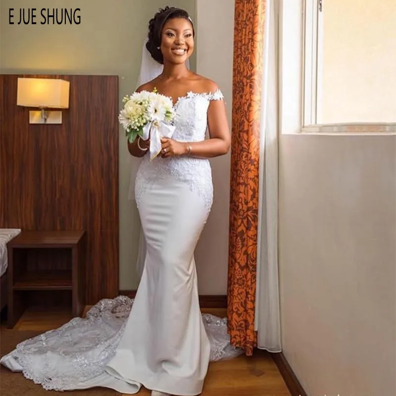 

Свадебное платье с юбкой годе E JUE SHUNG, свадебные платья с открытыми плечами и шнуровкой сзади, длинные мягкие атласные свадебные платья или платье