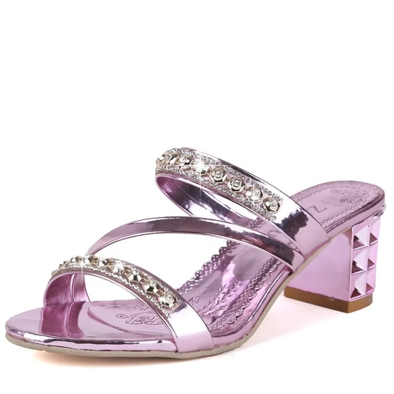 

Korean Version of The Sandals Ladies 2021 Summer Ladies Sandals Mid-heel Women Shoes Rhinestone Fish Mouth Sandals and Slippers