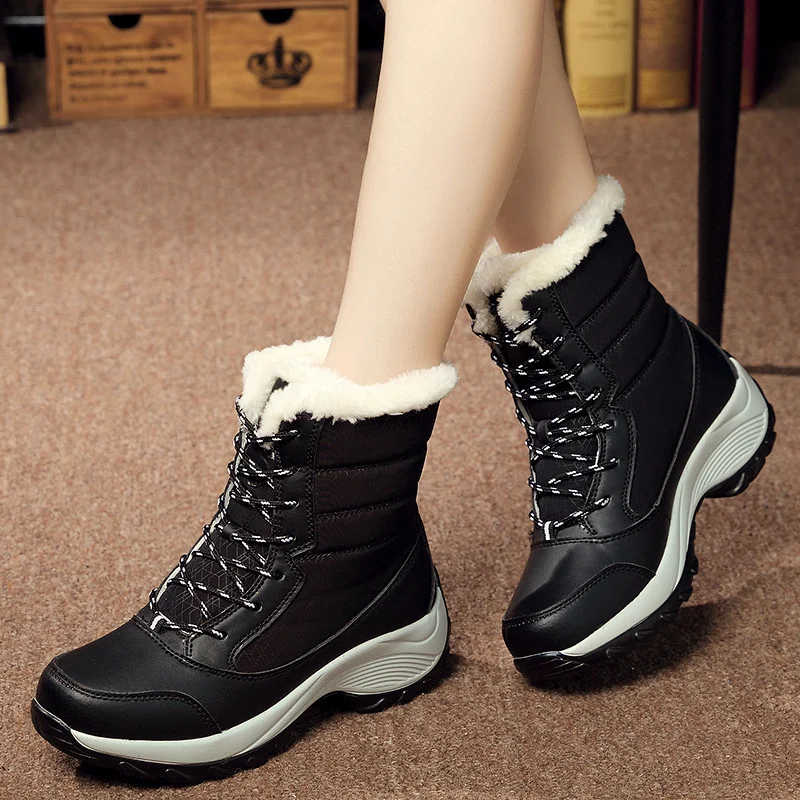 

Women's Round Toe Flat With Lace-up Snow Boots Waterproof Platform Plush Ankle Booties Versatile Winter Travelling Camping