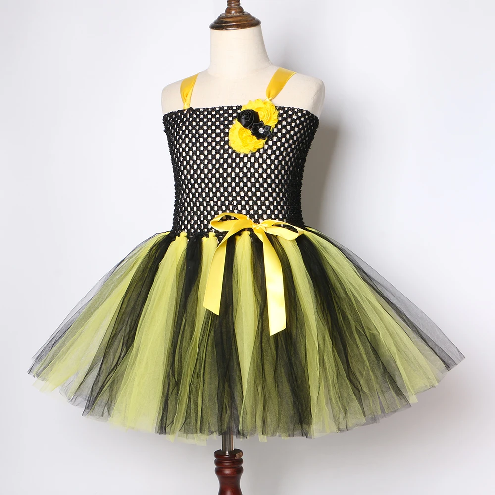 1 Set Bee Girls Tutu Dress Yellow Black Honeybee Fairy Costume Outfit Kids Halloween Masquerade Party Fancy Dresses | Детская одежда и