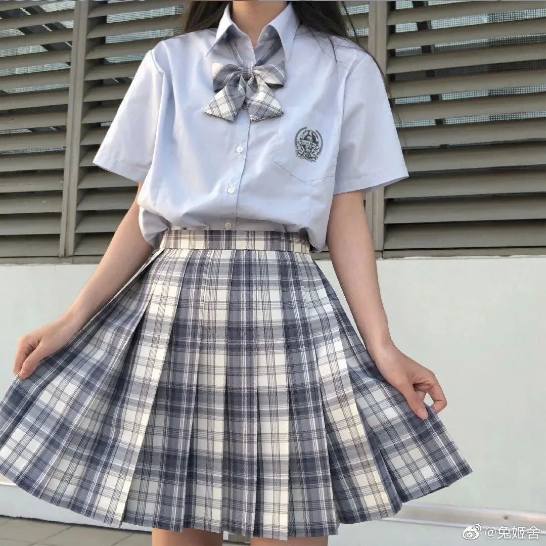 

[shinazugawa] Girl's Women's Japanese Summer Short Sleeve High Waist Pleated Plaid Skirts For Jk School Uniform Students Cloths