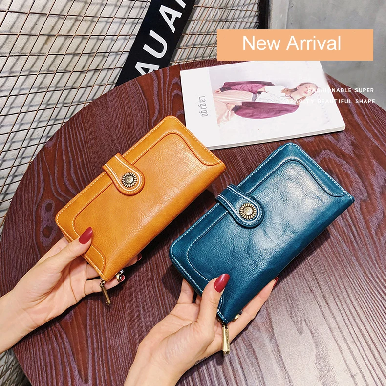 aliwood High Quality Women Clutch Retro Leather Wallet Female Long Wallet Women Zipper Purse Strap Money Bag Purse For iPhone 11