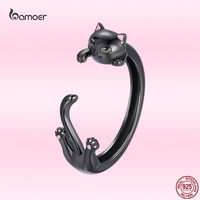 bamoer new creative black cat open ring for women genuine 925 sterling silver adjustable animal ring original design jewelry