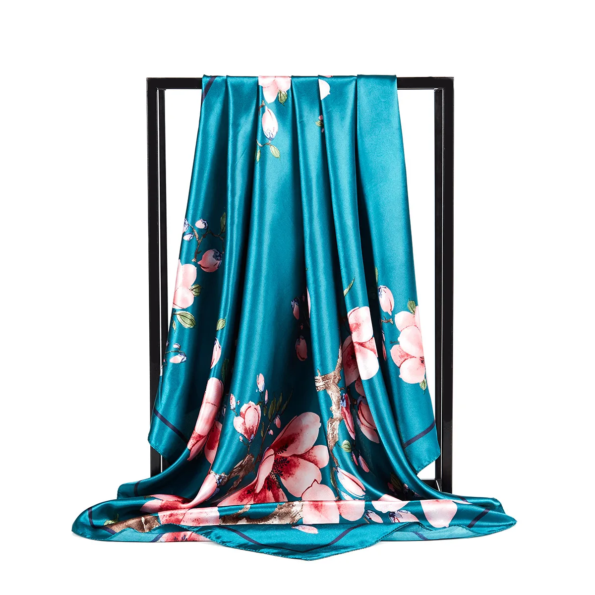 

2021 Floral Print Silk Satin Hijab Scarf Women Square Shawls and Wraps Hair Scarfs Female 90X90CM Neckerchief Scarves For Ladies