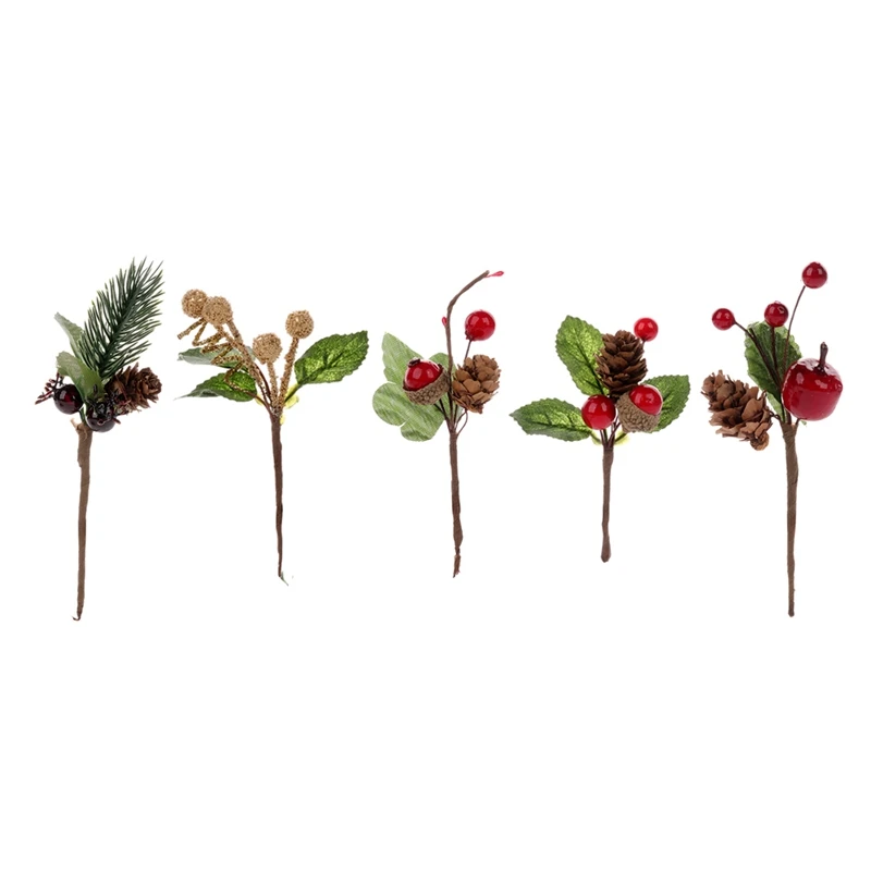

15Pcs Red Christmas Berry and Pine Cone Picks with Holly Branches for Holiday Floral Decor Flower Crafts