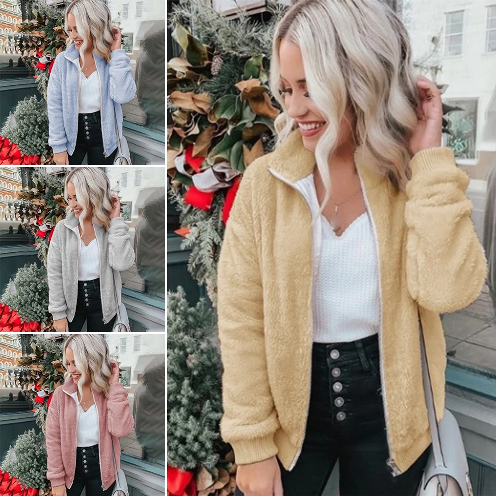 

Plush Women Coat Warm Casual Outwear Daily Turn Down Collar Elegant Soft Solid Color Zipper Winter Long Sleeve Comfortable