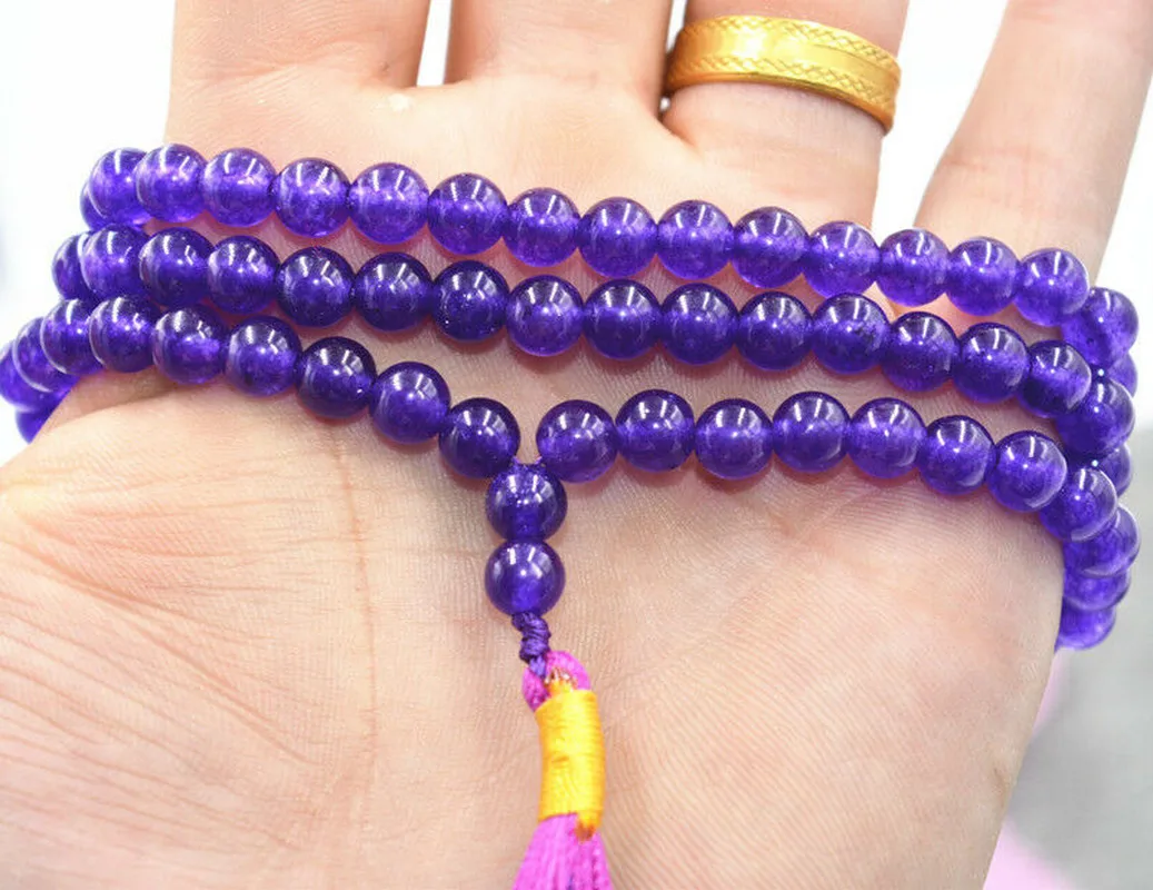New 8mm stone Buddhist Amethyst 108 Prayer Beads Mala Bracelet Necklace