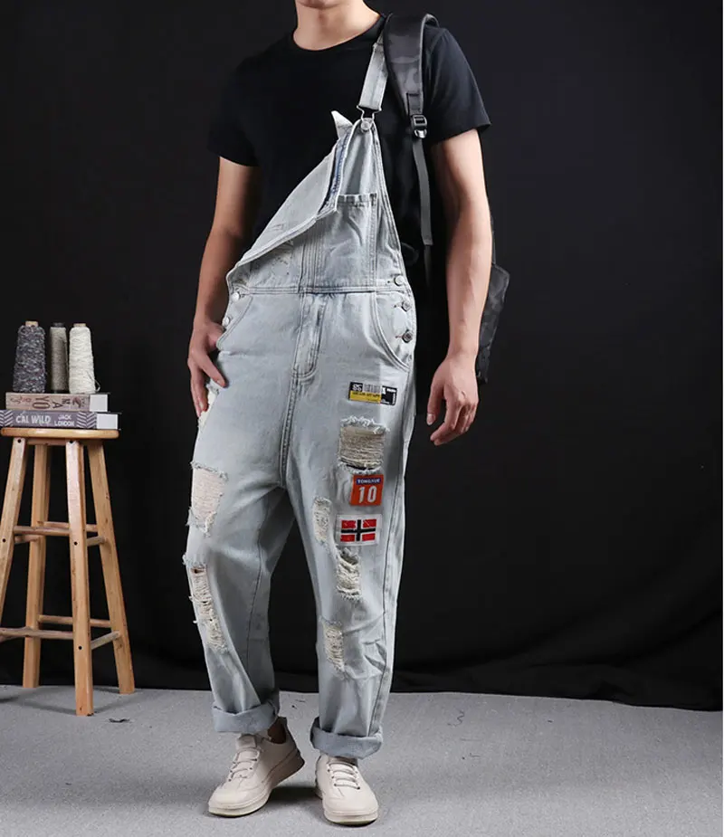 Ripped Patch Letter Men Denim Bib Overalls Loose Hip Hop Streetwear Jumpsuit Tattered Wide Leg Jeans Pants Freight Trousers
