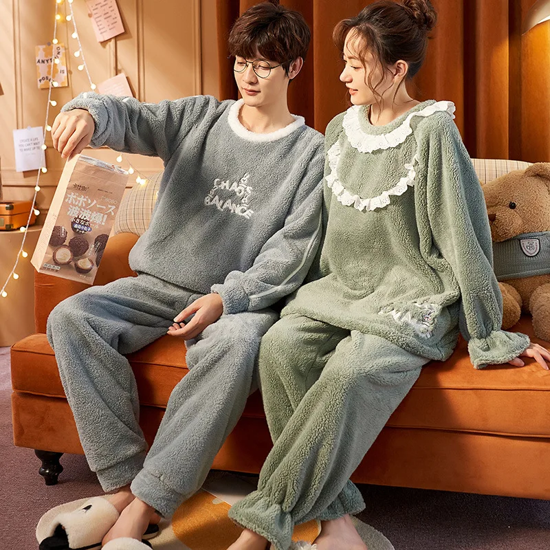 

Flannel Lovers Homedress Pajamas Fashion Women's Long Sleeved Trousers Nightdress Men's Sleepwear Couples Winter Home Clothing