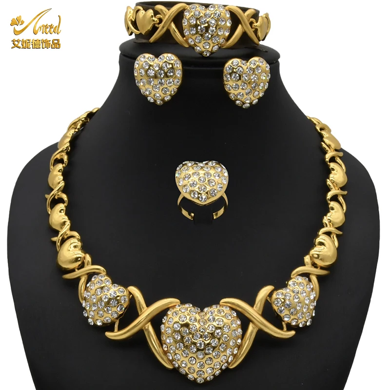 Heart XOXO Indian Jewelery Set Bridal Necklace Sets For Womens Wedding Dubai Jewelry Earrings Rings Luxury Bracelet Fashion Gold