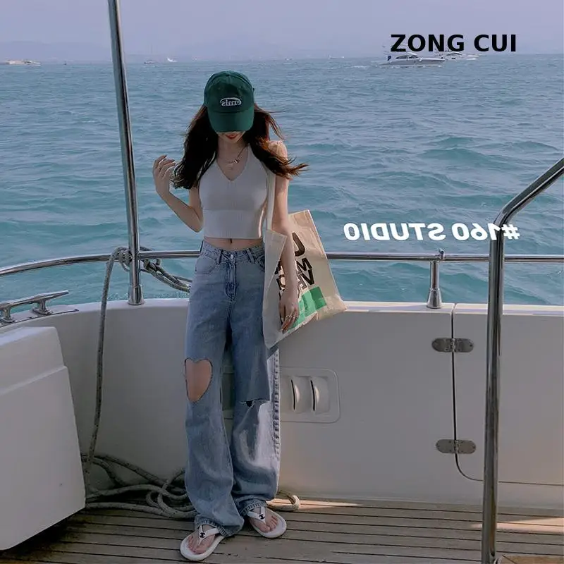 

С глубоким вырезом в форме сердца Брюки повседневные джинсы брюки Высокая талия брюк ретро джинсовые прямые брюки для девочек женские штан...