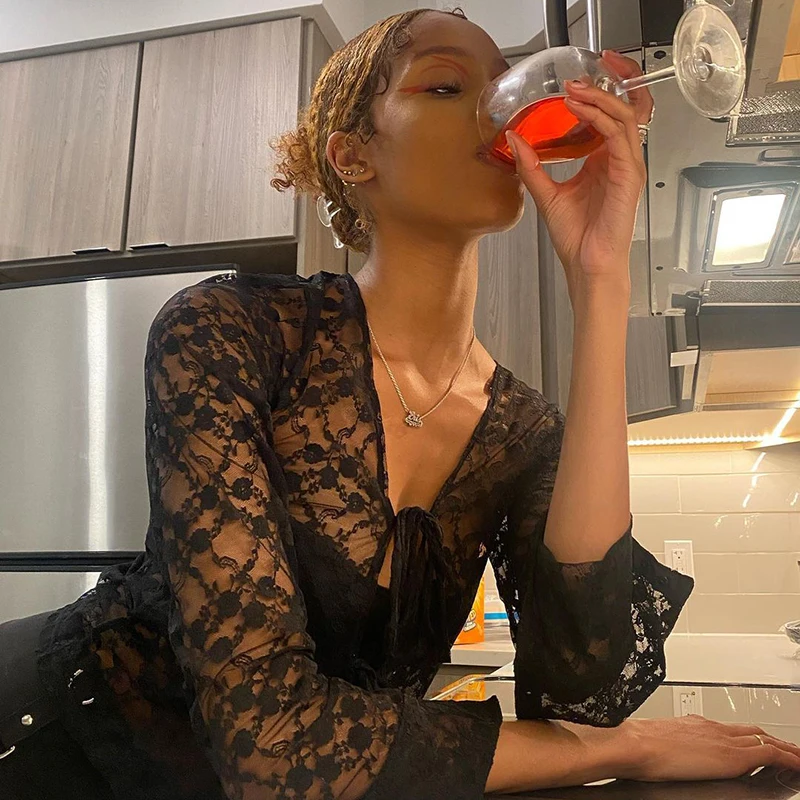 

Rockmore Black Lace Mesh Transparent Tshirt Women Lace Up Cardigan Tops Y2K Long Sleeve Tees See Through Sexy T-shirt Summer 90S