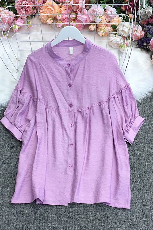 

2021 New Summer Fashion All-match stand collar puff sleeve Shirt single breasted loose casual solid Shirt Top