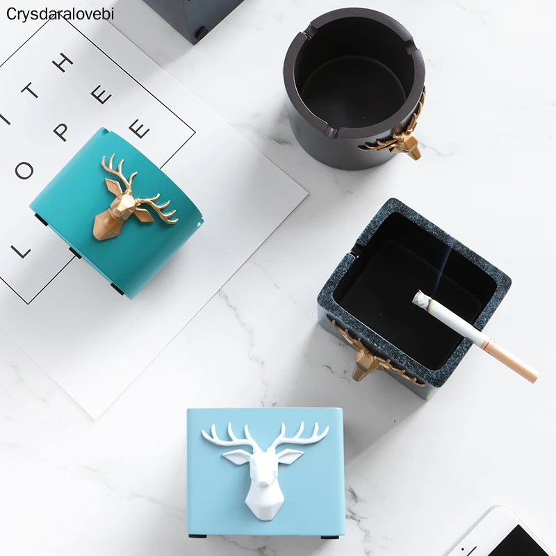 

Deer head pattern Windproof Ashtray Moden Resin Round Square Ashtray for home office hotel outdoor Gift Smokeless Ashtray Holder