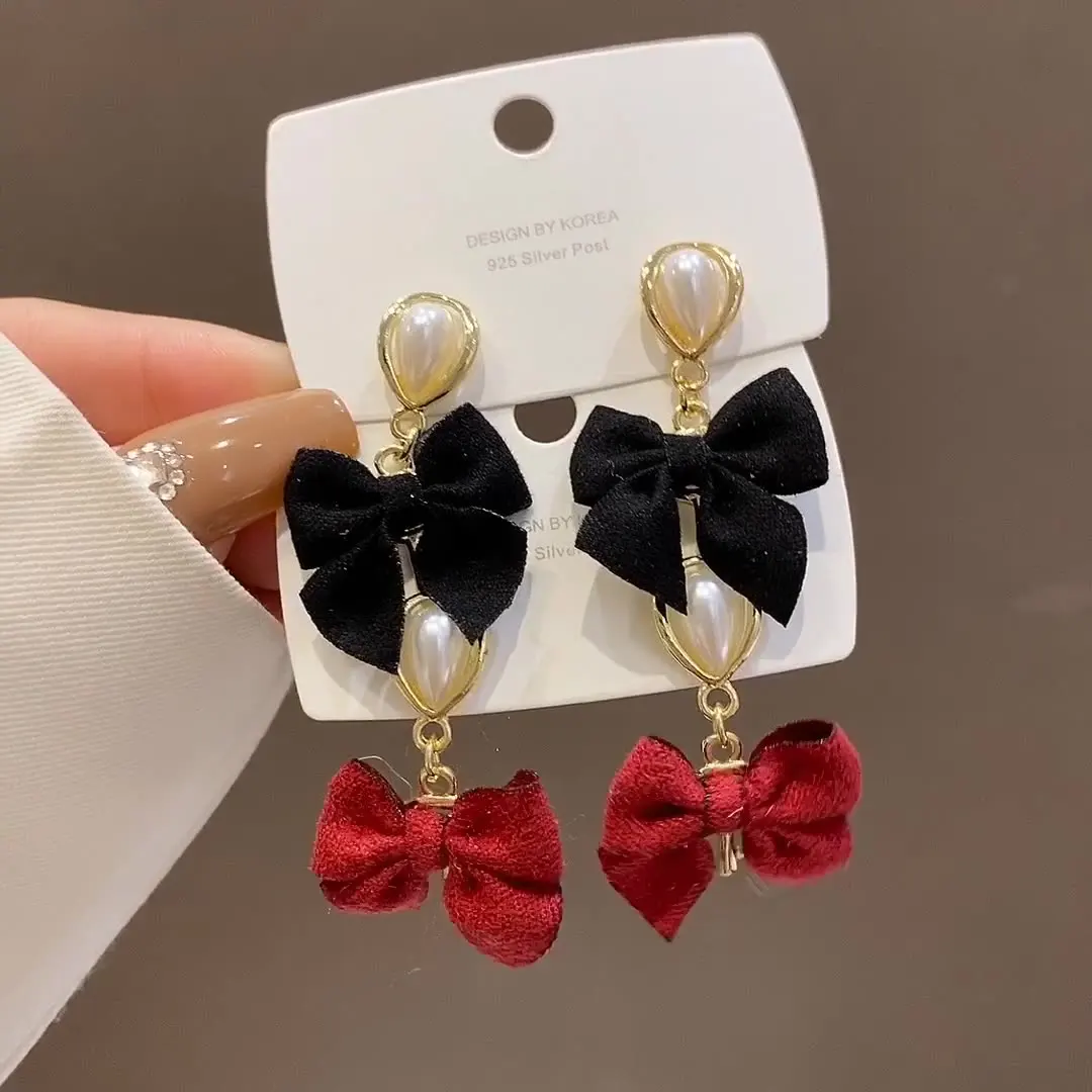 

2021 French Vintage Red Bowknot Earrings for Women Female Oversize Simulated Pearl Tie Bow Dangle Earring Aesthetic Jewelry Gift