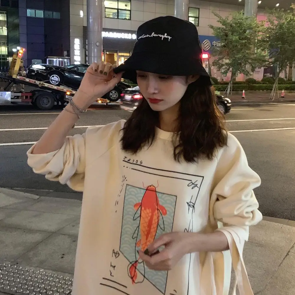 Женские кофты японский Harajuku Ulzzang Koi с длинным рукавом свободный свитер женский