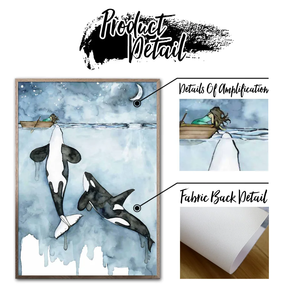 Whale Sea Boat Moon Cartoon Wall Art Print Canvas Painting Nordic Posters And Prints Pictures Baby Kids Room Decor | Дом и сад