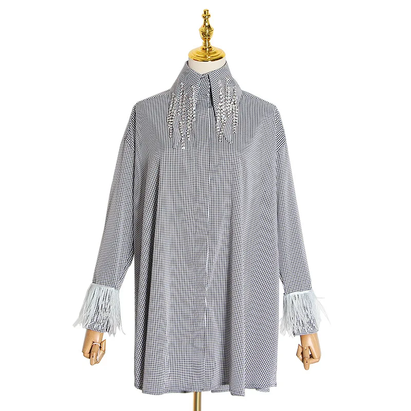 

New niche design casual art loose striped collar irregular feather stitching shirt women