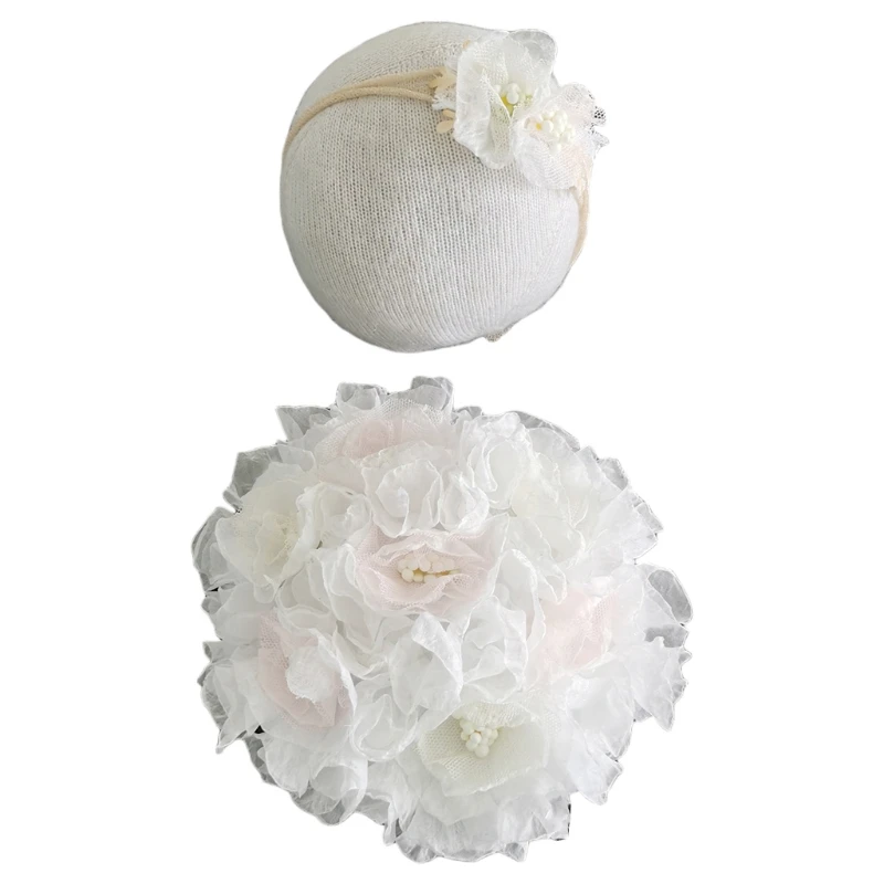 Accesorios de fotograf&iacute;a para reci&eacute;n nacidos, 2 uds., banda para el pelo para beb&eacute;, conjunto de coj&iacute;n redondo de flores, diadema, Kit de disfraz para sesi&oacute;n de fotos de beb&eacute;s-4