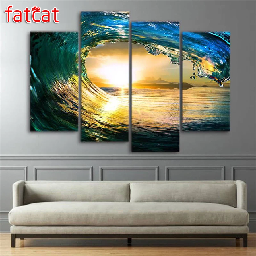 

FATCAT Sunset натуральный морской пейзаж 4 шт. Diy Алмазная картина полностью квадратная круглая дрель Алмазная вышивка распродажа домашний декор ...