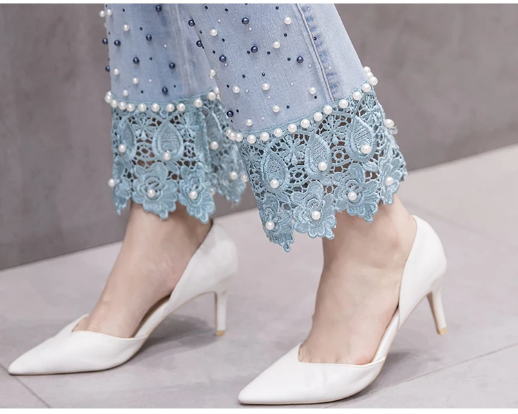 

2021 Spring New Beaded Lace Hollow Rhinestone Bloomers Ladies High Waist Tight Slimming Denim Ankle-Length Pants Women Jeans