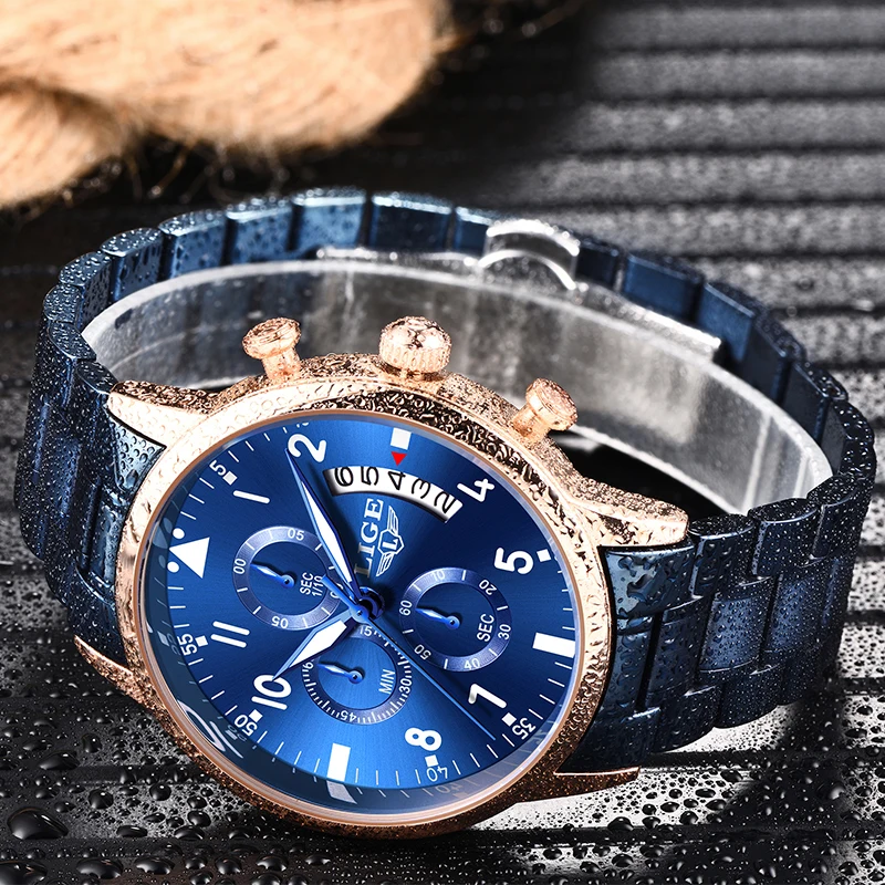 Часы наручные LIGE мужские с хронографом брендовые Роскошные водонепроницаемые