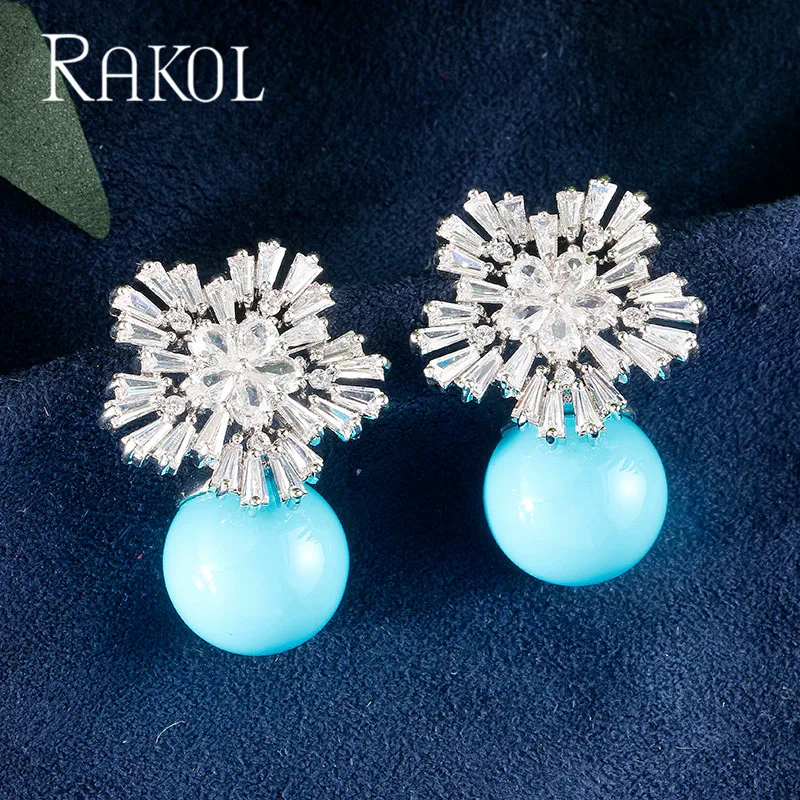 RAKOL, Новое поступление, кубический цирконий, Большой Снежный Цветок, серьги-гвоздики для женщин, белые жемчужные серьги, рождественский подарок, ювелирное изделие, RE0755L