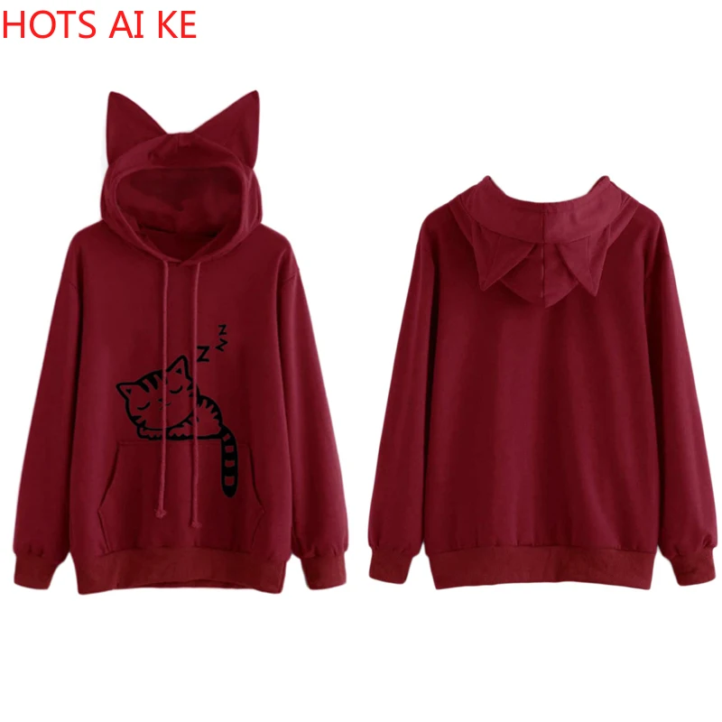 

Fashion Womens Cat Printed Long Sleeve Hoodies Pullovers Autumn Winter Cat Ear Hooded Sweatshirts Tops