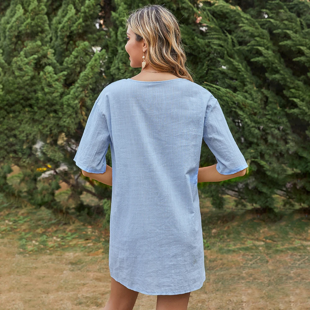 

Fashionable Loose Dresses For Women 2021 Summer New Solid Color Cotton And Linen V-Neck Short-Sleeved Casual Shirt Dress