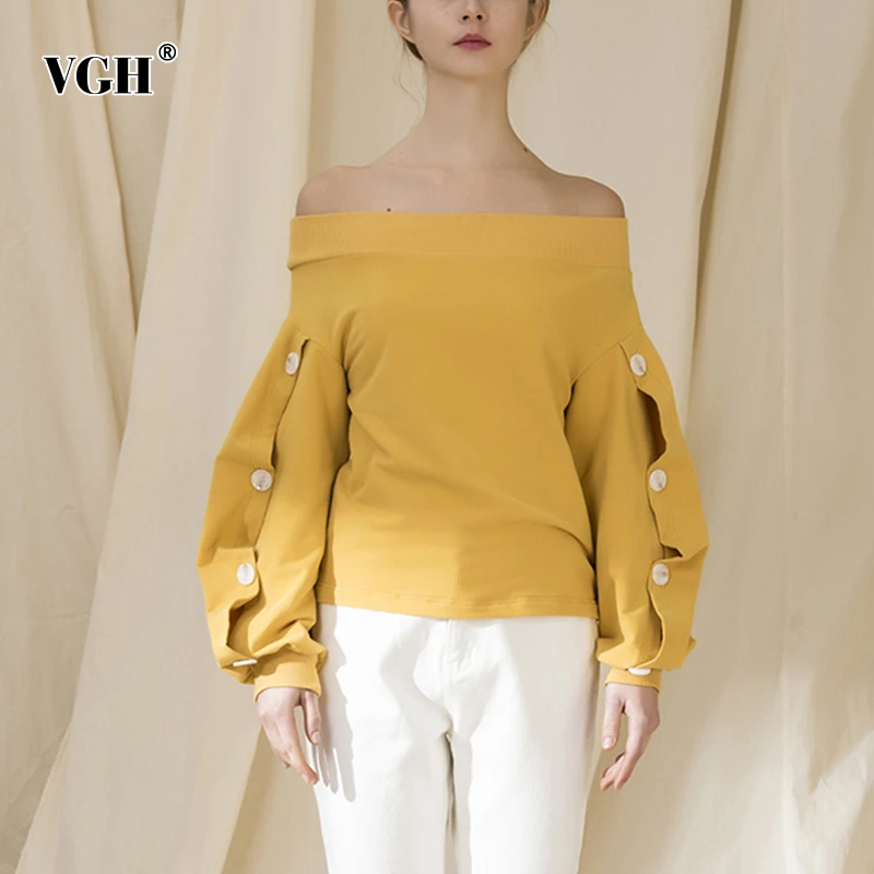 

VGH Casual Loose Patchwork Sweatshirt For Women Slash Lantern Long Sleeve Knitted Elegant Sweatshirts Female Fashion New Clothes