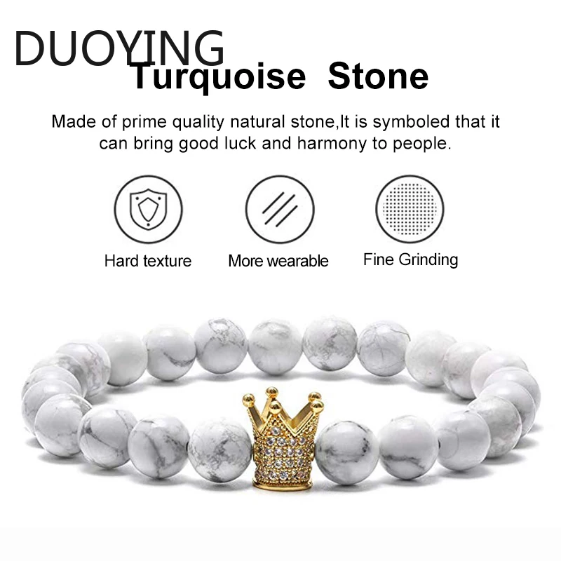 8 мм черные матовые белые Парные браслеты Howlite CZ Корона Король Королева