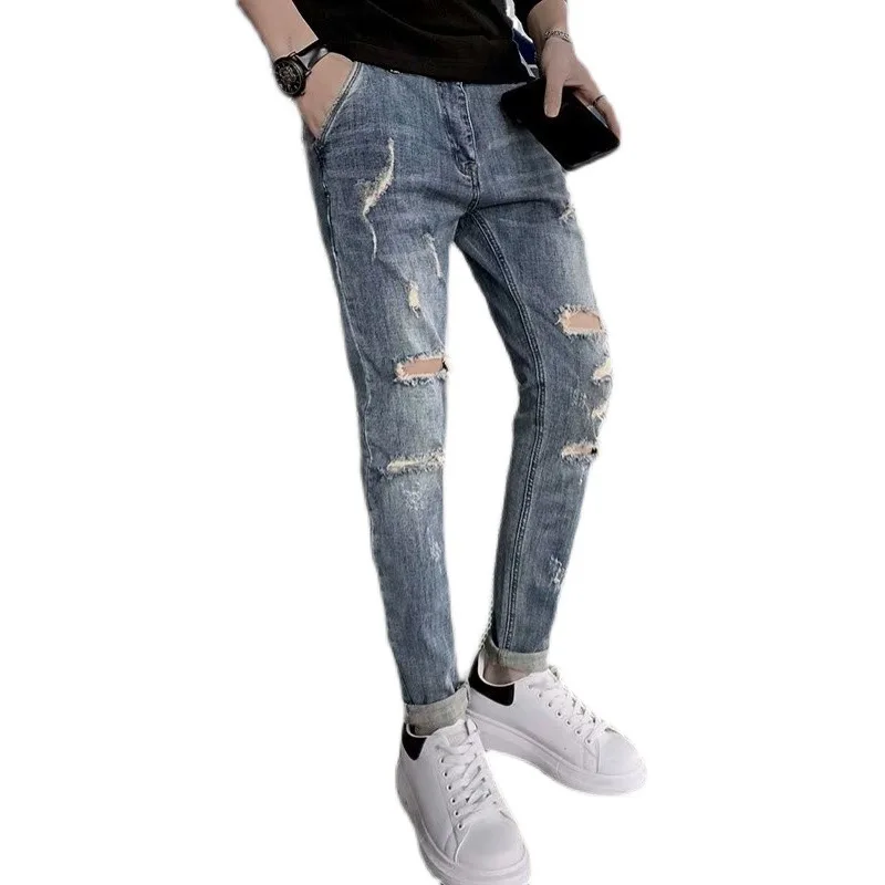 

Men's Fashion Pants 2021new Casual Distressed Hole Ripped Elastic Summer Jeans Male Raw Edge Light Cowboy Teenager Pants Man